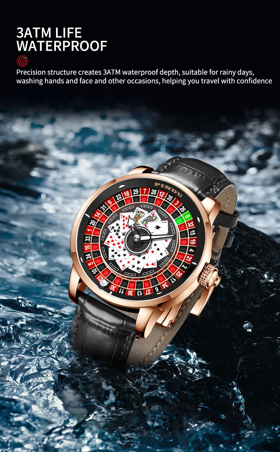 PINDU Designs New NH35A Rotary Roulette Mechanical Watch Men's Diamond Surface Waterproof Leather Men's Watch Montre Homme P6626