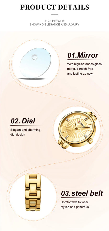 CURREN 9097 Women's Casual Quartz Watch Elegant Simple Design Waterproof Stainless Steel Strap Fashion Business Wristwatch Lady