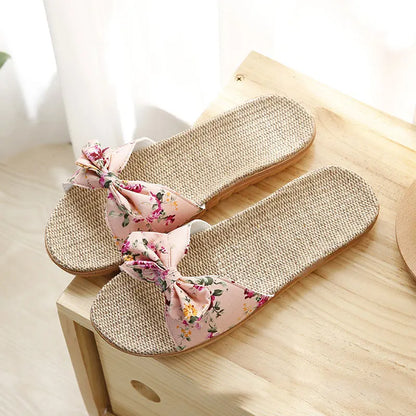 Bow Linen Slipper For Women Summer Indoor Breathable Cool Air-conditioned Shoe Women's Outdoor Non Slip Floral Sandal Flip-flops