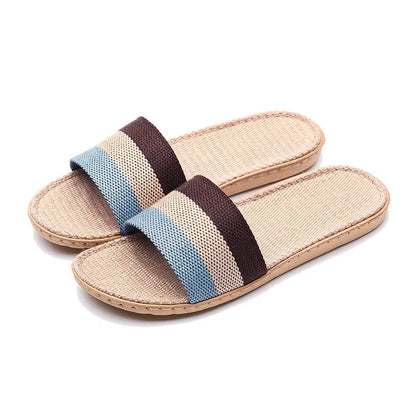 Striped Linen Slippers Women's Men's Grass Weaving Flip Flops Sweat Absorption Sandals Home EVA Light Slides Silent Floor Shoes