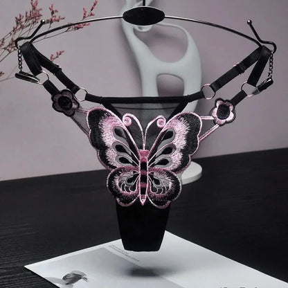Sexy Lace Thong Women Butterfly Low Waist Panties G strings Transparent Mesh Briefs Adjustable Waist Panties Culotte Femme