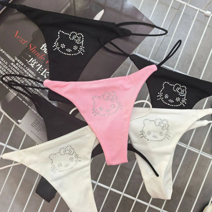Sparkling Diamond Sexy G-string Spicy Girl  Thin Cotton Underwear For Women Low Waist Cute Cat Cartoon Briefs Thongs Lingerie