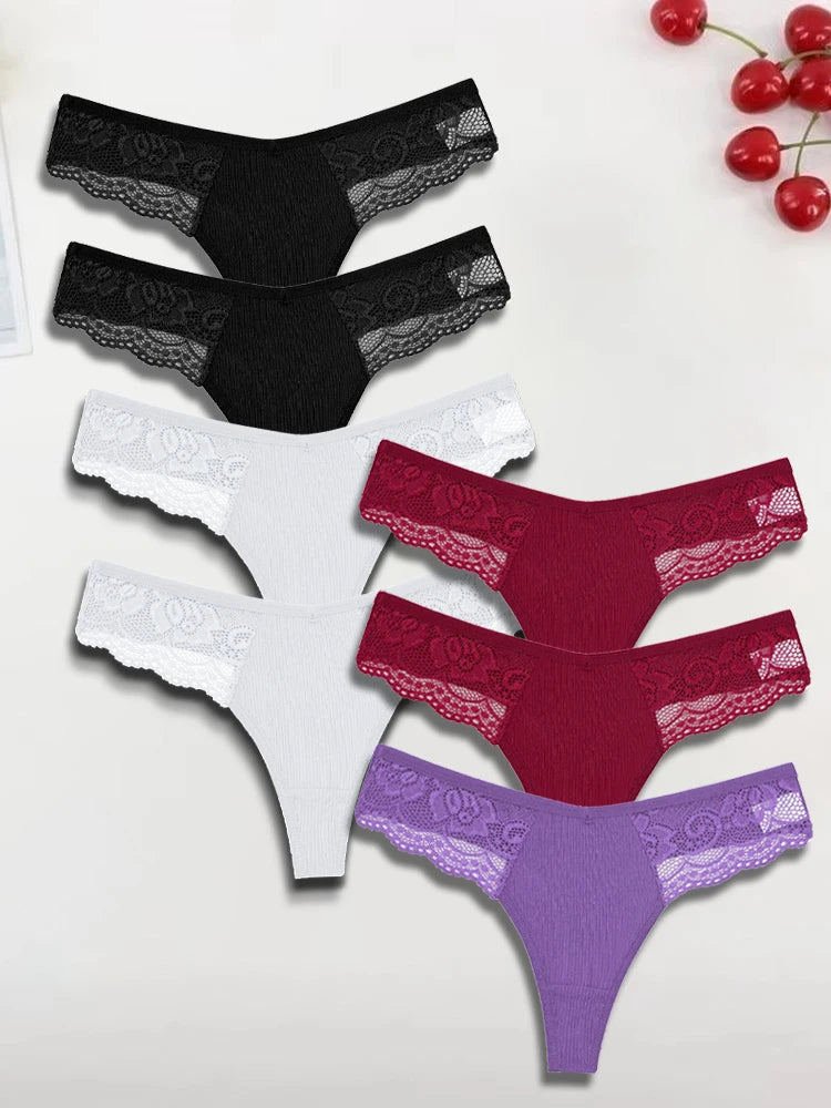 FINETOO 7Pcs Women's Cotton Lace Thongs Sexy Solid Color G-string Low Waist Breathable Bikini Lingerie Female Comfort Panties