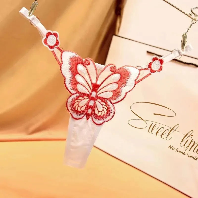 Sexy Lace Thong Women Butterfly Low Waist Panties G strings Transparent Mesh Briefs Adjustable Waist Panties Culotte Femme