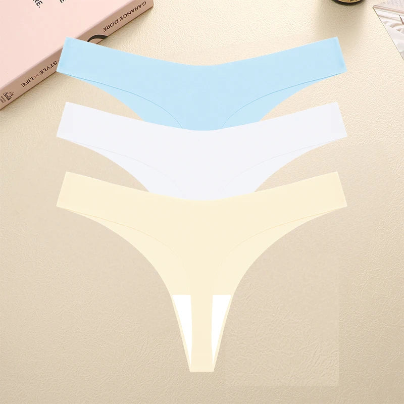 FINETOO 3PCS Seamless Thong Women Ice Silk T-back Intimate Solid Breathable Crotch Briefs Sexy Tanga Multiple 10 Color Lingerie