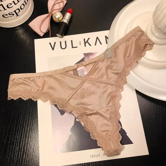 SP&CITY French Satin Sexy Women's Thongs Temptation Lace Embroidery Hollow Out Panties Soft Thin Cotton Crotch Breathable Briefs
