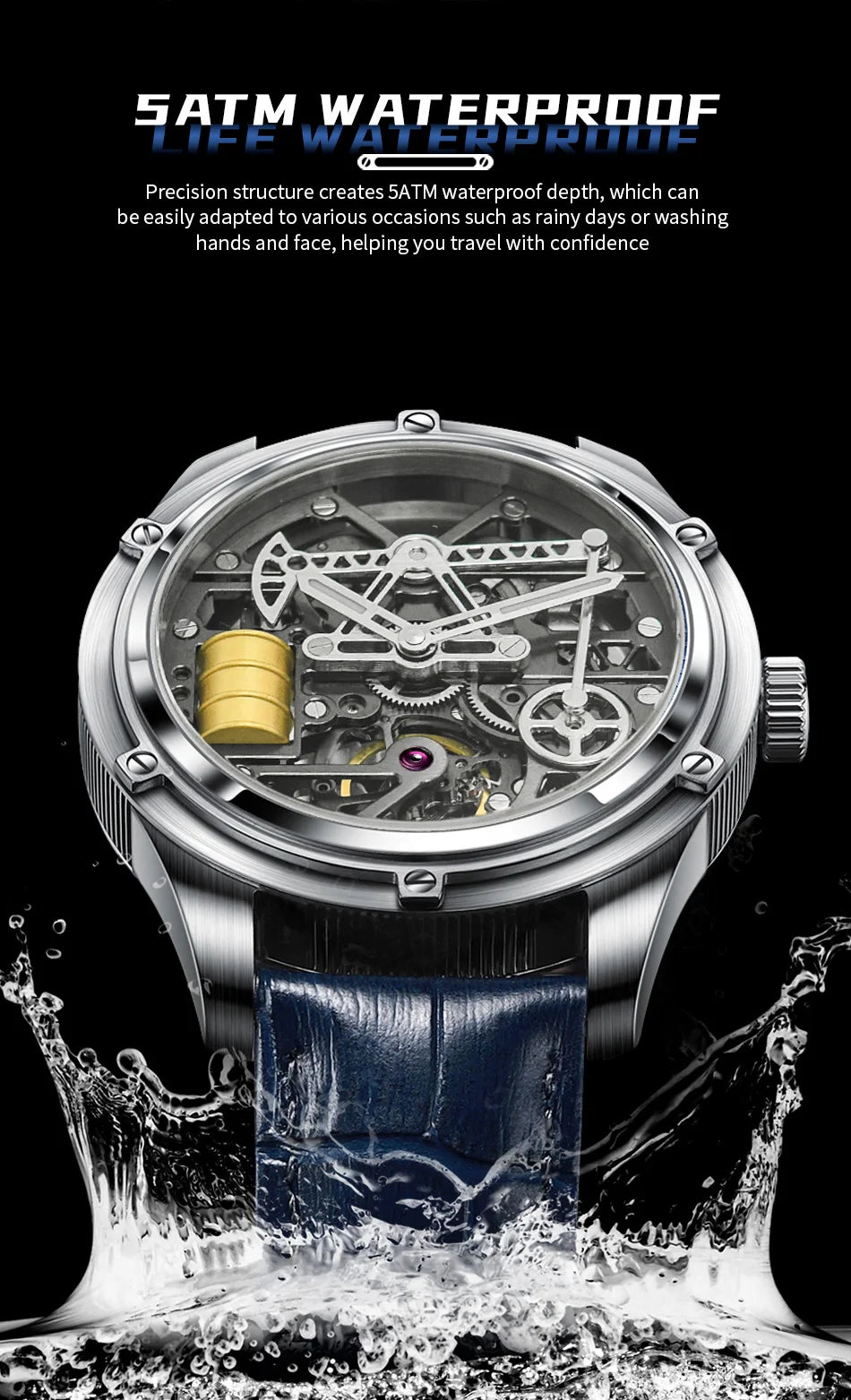 Pindu Men's New Mechanical Watch Leather Sapphire Crystal Commercial Men's Watch Miyota 8215 Automatic Watch 50m Waterproof