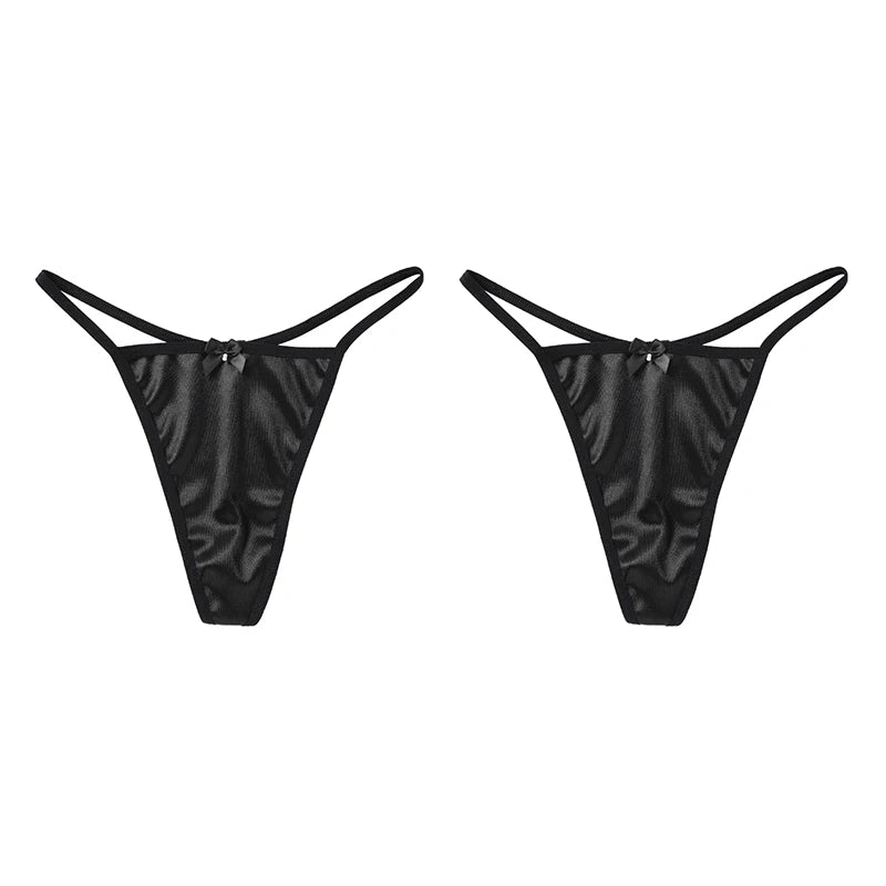 2PCS Women's Thong Satin Sexy Seamless Underwear Female Bow Low Waist One Thread G-string Pure Cotton Crotch T-back