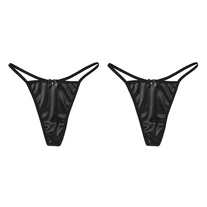2PCS Women's Thong Satin Sexy Seamless Underwear Female Bow Low Waist One Thread G-string Pure Cotton Crotch T-back