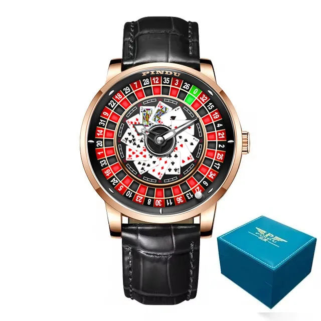 PINDU Designs New NH35A Rotary Roulette Mechanical Watch Men's Diamond Surface Waterproof Leather Men's Watch Montre Homme P6626