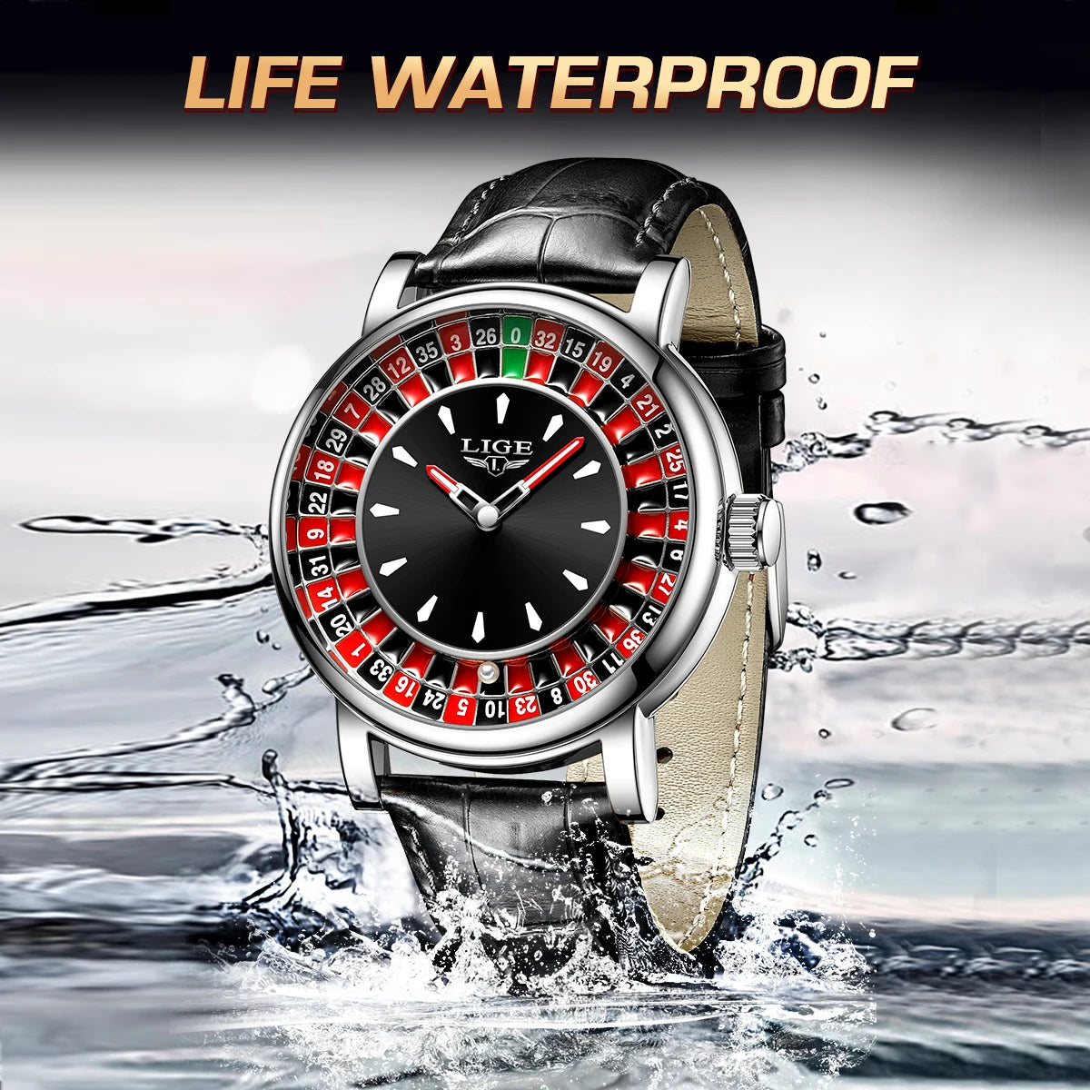LIGE Quartz Man Watch Fashion Luxury Creative Roulette Game Dial Design Leather Casual Life Waterproof Watches for Men Gifts+Box