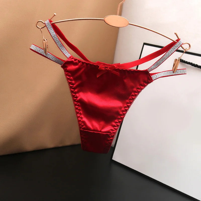1pc Women Sexy Silky Panties Thin Thong Ice Silk Underwear Shiny Belt Double Strap Lace Low-rise Lingerie