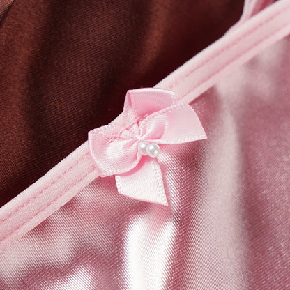 2PCS Women's Thong Satin Sexy Seamless Underwear Female Bow Low Waist One Thread G-string Pure Cotton Crotch T-back