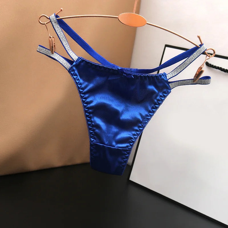 1pc Women Sexy Silky Panties Thin Thong Ice Silk Underwear Shiny Belt Double Strap Lace Low-rise Lingerie