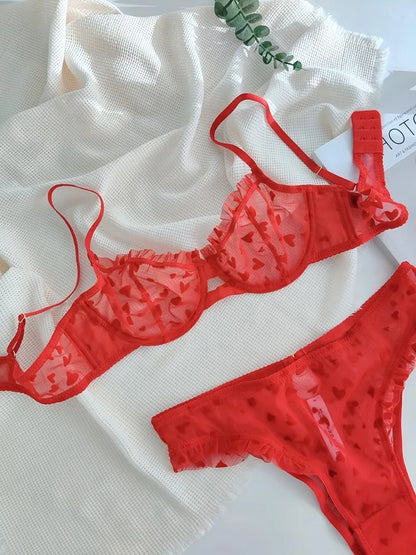 French Lace Minimizer Bra Set - Sexy Push Up Lingerie for Big Bust, Pink Heart-shaped Design | Flattering Support & Girlish Char