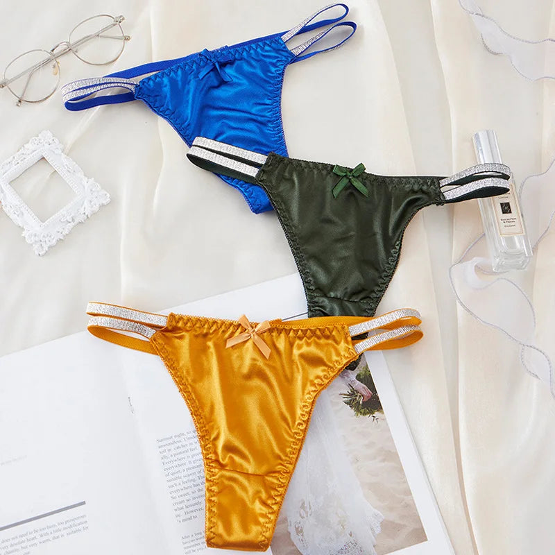 1pc Women Sexy Silky Panties Thin Thong Ice Silk Underwear Shiny Belt Double Strap Lace Low-rise Lingerie