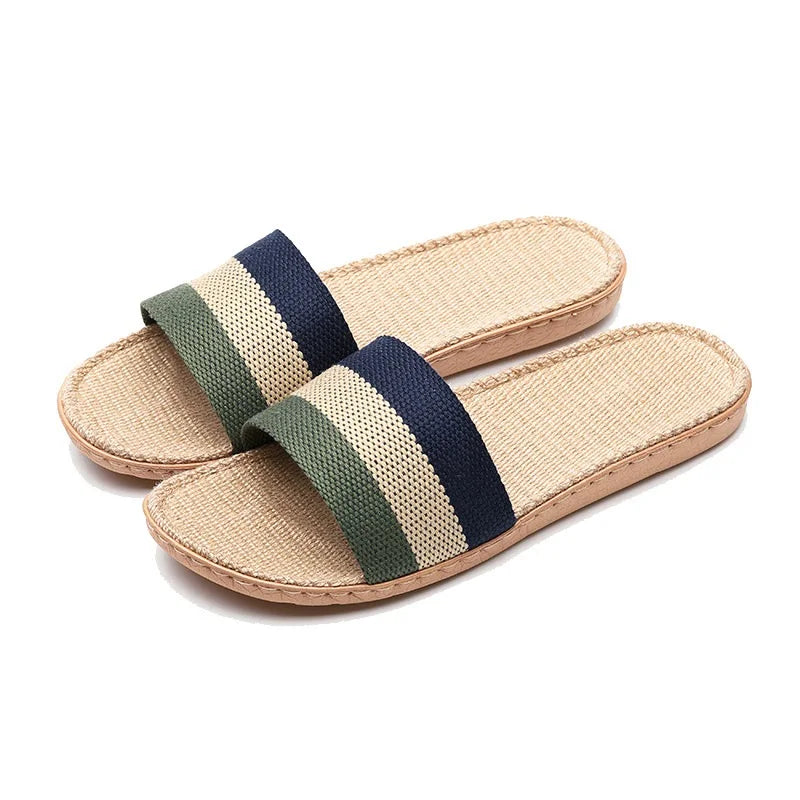 Striped Linen Slippers Women's Men's Grass Weaving Flip Flops Sweat Absorption Sandals Home EVA Light Slides Silent Floor Shoes