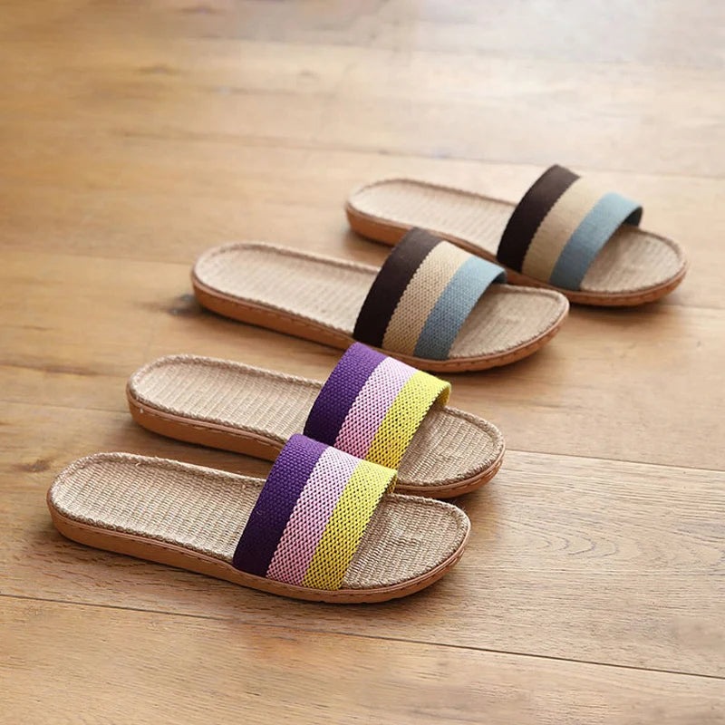 Striped Linen Slippers Women's Men's Grass Weaving Flip Flops Sweat Absorption Sandals Home EVA Light Slides Silent Floor Shoes