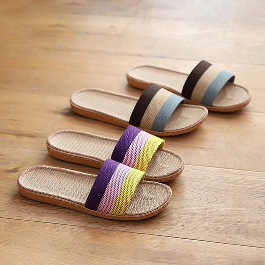 Striped Linen Slippers Women's Men's Grass Weaving Flip Flops Sweat Absorption Sandals Home EVA Light Slides Silent Floor Shoes