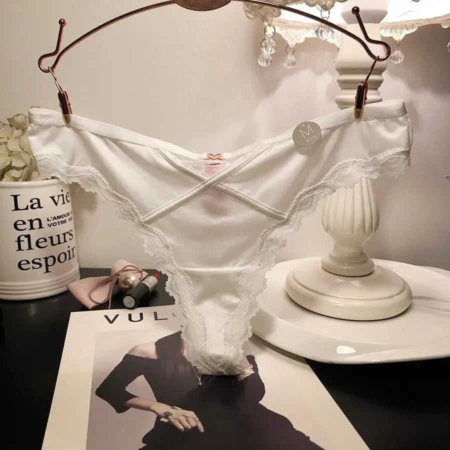 SP&CITY French Satin Sexy Women's Thongs Temptation Lace Embroidery Hollow Out Panties Soft Thin Cotton Crotch Breathable Briefs