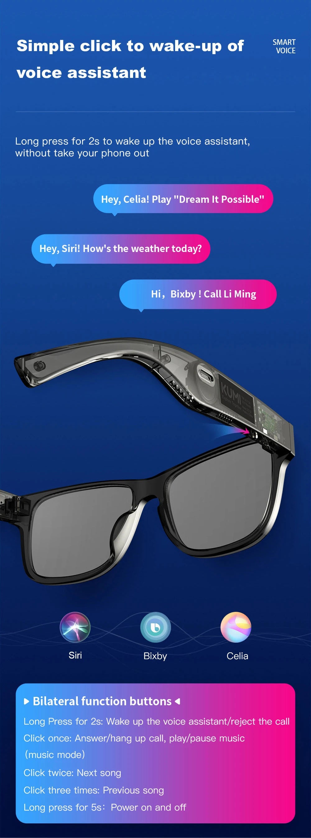KUMI Meta V1 Smart Glasses Polarized Sunglasses Bluetooth glasses IPX4 Waterproof Open Ear Headphones AI Voice Assistant