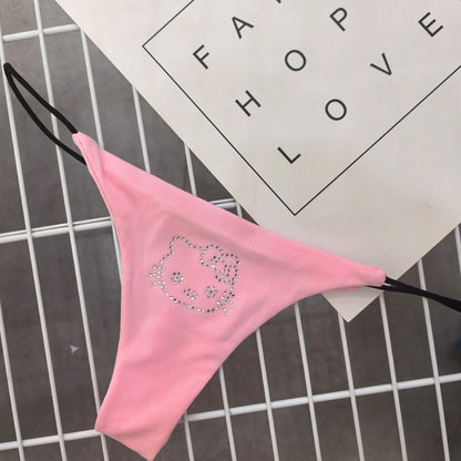 Sparkling Diamond Sexy G-string Spicy Girl  Thin Cotton Underwear For Women Low Waist Cute Cat Cartoon Briefs Thongs Lingerie
