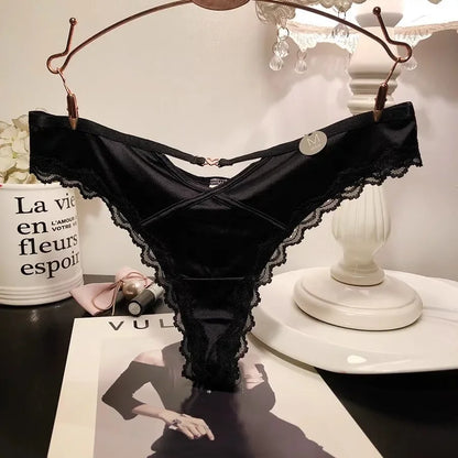 SP&CITY French Satin Sexy Women's Thongs Temptation Lace Embroidery Hollow Out Panties Soft Thin Cotton Crotch Breathable Briefs