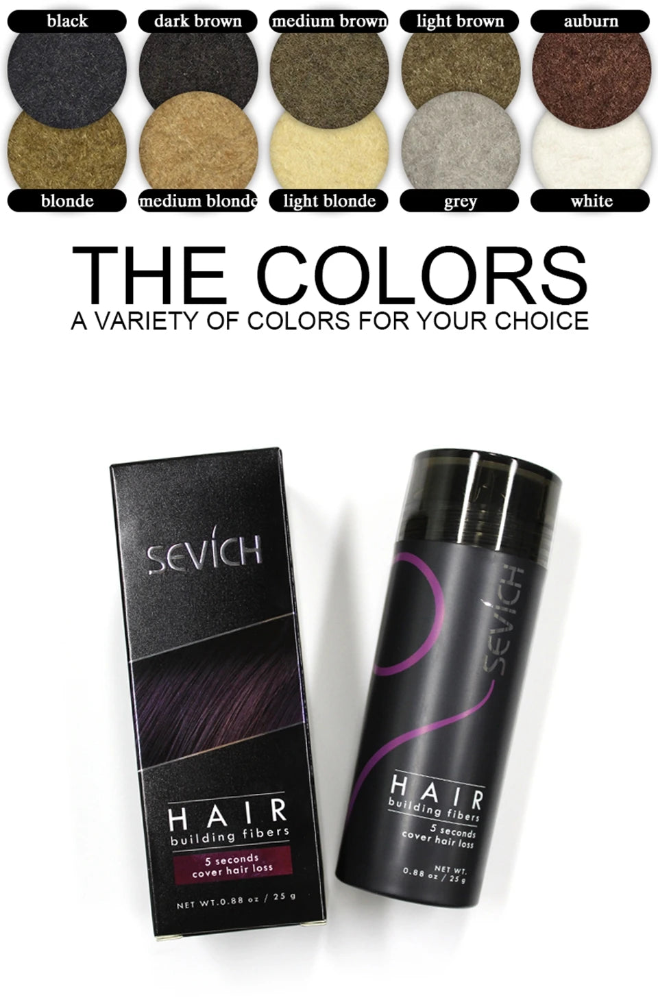10 Colors Sevich Hair Fibers Keratin Fibers Applicator Hair Building Fibers Spray Hair Loss Instant Regrowth Thickening Powders