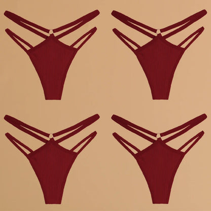 FINETOO 4Pcs Cotton Double Thin Belts Underwear for Women Sexy Low Waist Striped Thongs Ladies Soild Panties Breathable Lingerie