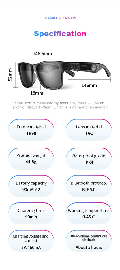 KUMI Meta V1 Smart Glasses Polarized Sunglasses Bluetooth glasses IPX4 Waterproof Open Ear Headphones AI Voice Assistant