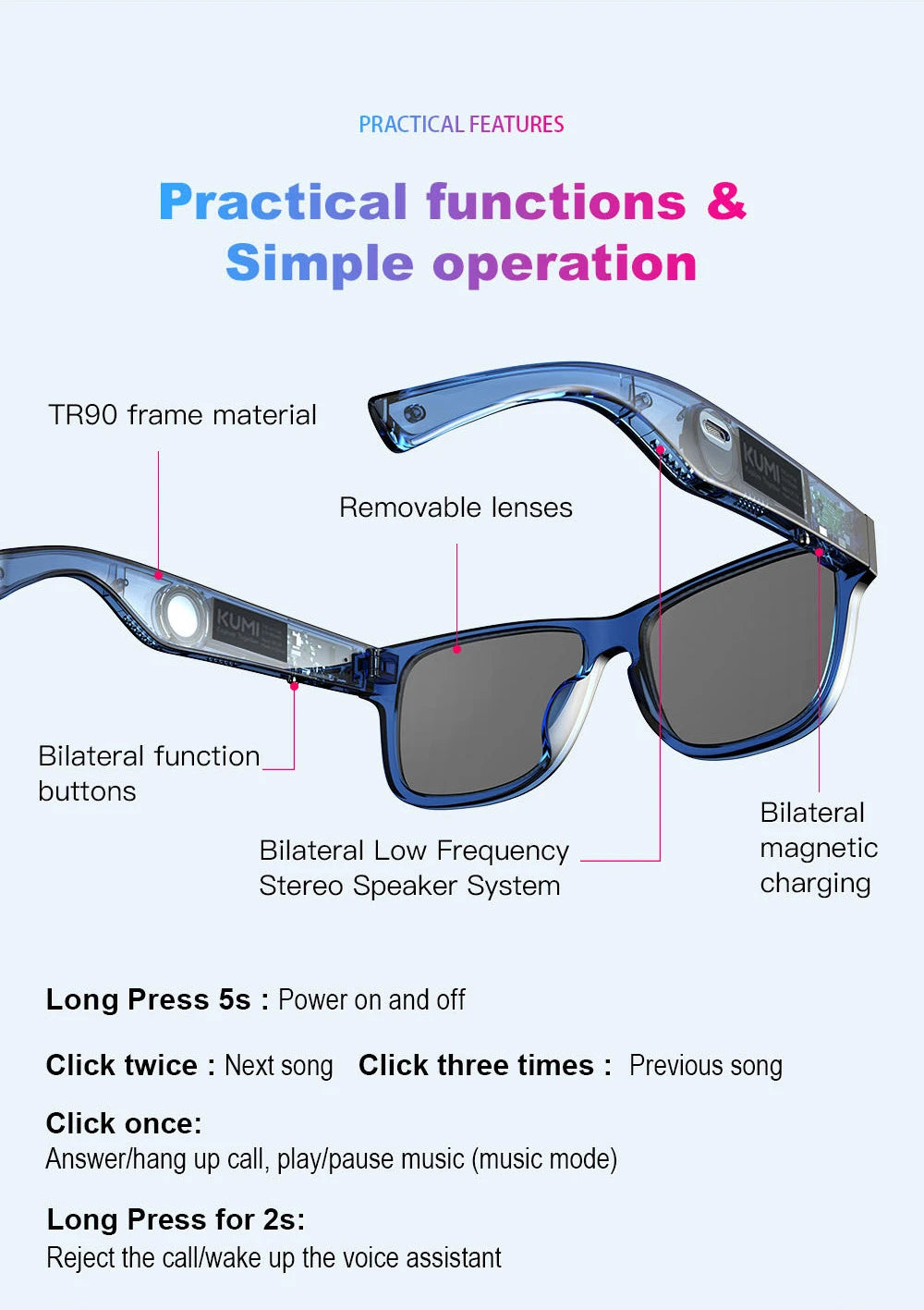 KUMI Meta V1 Smart Glasses Polarized Sunglasses Bluetooth glasses IPX4 Waterproof Open Ear Headphones AI Voice Assistant