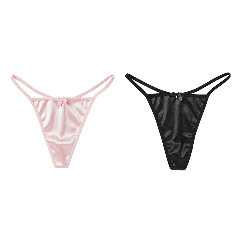 2PCS Women's Thong Satin Sexy Seamless Underwear Female Bow Low Waist One Thread G-string Pure Cotton Crotch T-back