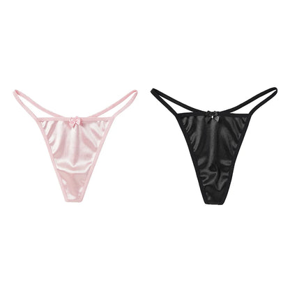 2PCS Women's Thong Satin Sexy Seamless Underwear Female Bow Low Waist One Thread G-string Pure Cotton Crotch T-back