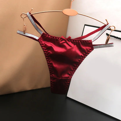 1pc Women Sexy Silky Panties Thin Thong Ice Silk Underwear Shiny Belt Double Strap Lace Low-rise Lingerie
