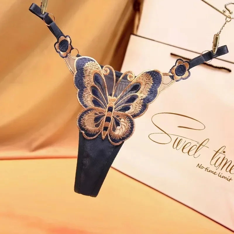 Sexy Lace Thong Women Butterfly Low Waist Panties G strings Transparent Mesh Briefs Adjustable Waist Panties Culotte Femme