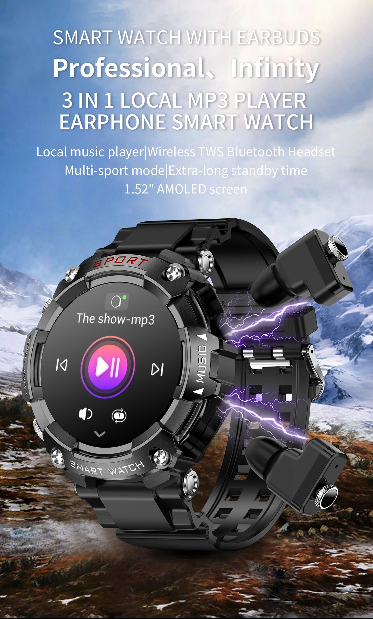 LaNikar Smart Watch AMOLED Display With In-Ear Bluetooth Headset Heart Rate Blood Pressure Oxygen Saturation Monitoring HD Audio