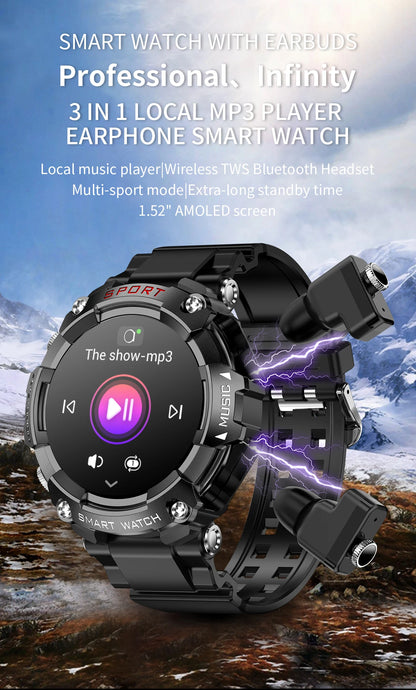 LaNikar Smart Watch AMOLED Display With In-Ear Bluetooth Headset Heart Rate Blood Pressure Oxygen Saturation Monitoring HD Audio