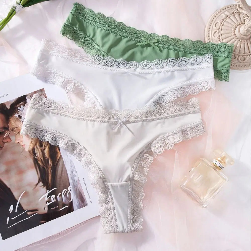 Comfortable Seamless Ice Silk Panties Cotton Crotch Thong Lace Bow Briefs Underwear Low Waist Women's Summer Panties Girl