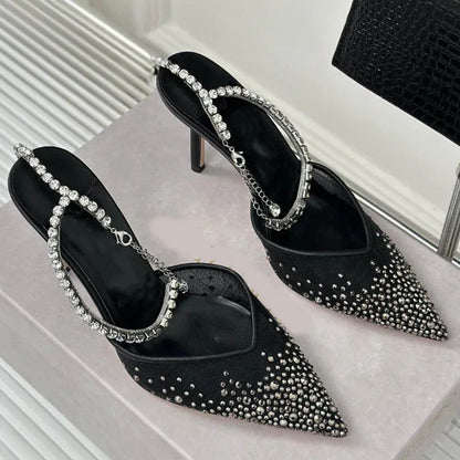 Star style Fashion Rhinestones Ankle Strap Women Pumps Elegant Pointed toe Mesh Slingback Stiletto High heels Office Dress Shoes