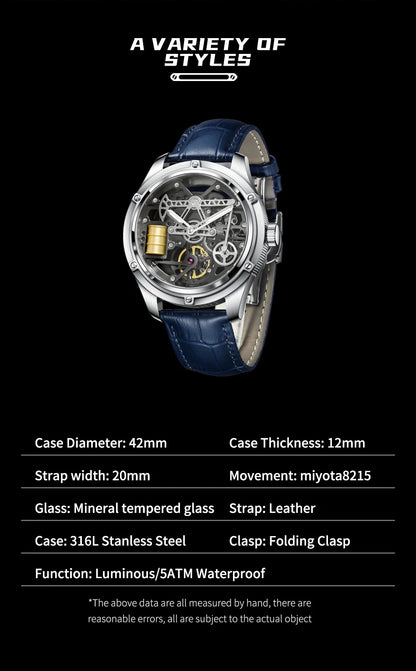 Pindu Men's New Mechanical Watch Leather Sapphire Crystal Commercial Men's Watch Miyota 8215 Automatic Watch 50m Waterproof