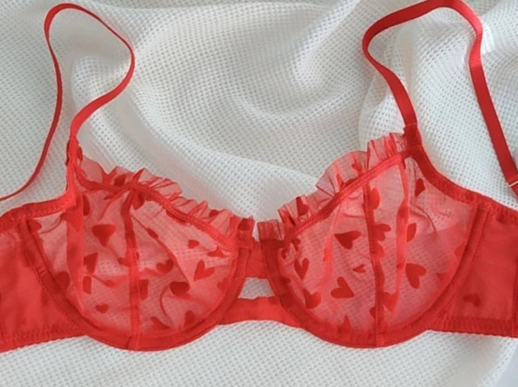 French Lace Minimizer Bra Set - Sexy Push Up Lingerie for Big Bust, Pink Heart-shaped Design | Flattering Support & Girlish Char