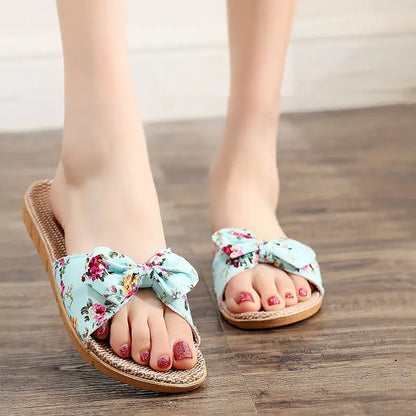 Bow Linen Slipper For Women Summer Indoor Breathable Cool Air-conditioned Shoe Women's Outdoor Non Slip Floral Sandal Flip-flops