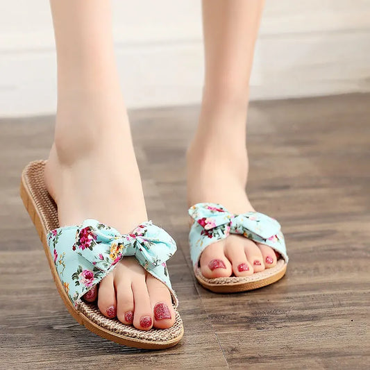 Bow Linen Slipper For Women Summer Indoor Breathable Cool Air-conditioned Shoe Women's Outdoor Non Slip Floral Sandal Flip-flops