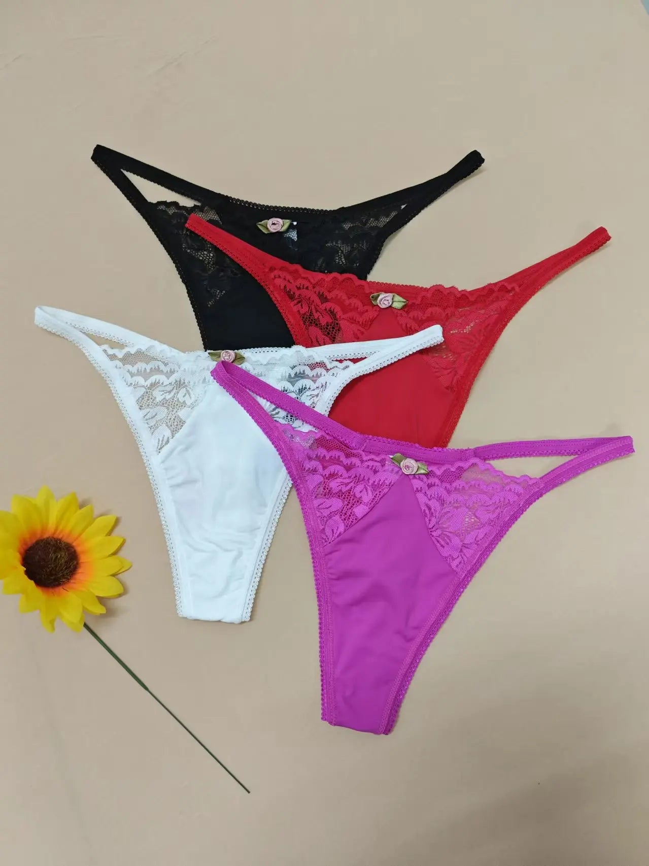 Sexy Women's Low - Waist Thong Underwear: Exquisite Lace Details & Floral Embellishments, Breathable & Alluring
