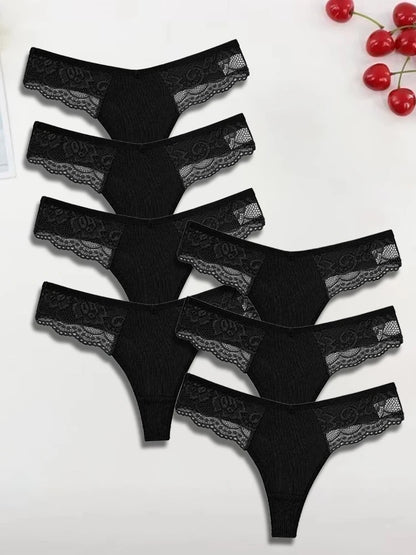 FINETOO 7Pcs Women's Cotton Lace Thongs Sexy Solid Color G-string Low Waist Breathable Bikini Lingerie Female Comfort Panties