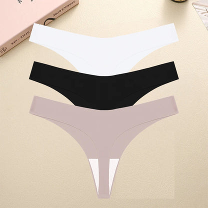 FINETOO 3PCS Seamless Thong Women Ice Silk T-back Intimate Solid Breathable Crotch Briefs Sexy Tanga Multiple 10 Color Lingerie