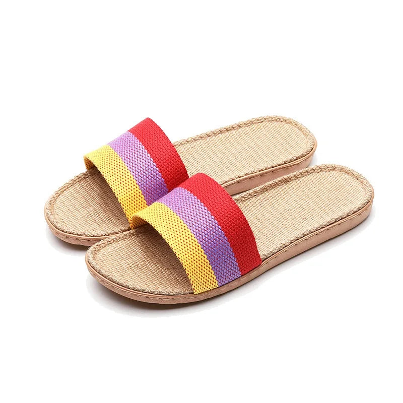 Striped Linen Slippers Women's Men's Grass Weaving Flip Flops Sweat Absorption Sandals Home EVA Light Slides Silent Floor Shoes