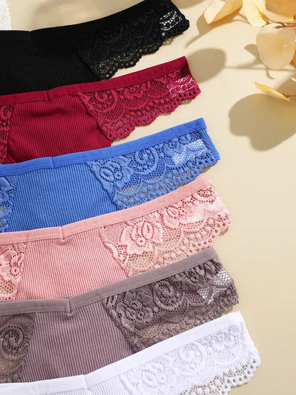 FINETOO 7Pcs Women's Cotton Lace Thongs Sexy Solid Color G-string Low Waist Breathable Bikini Lingerie Female Comfort Panties