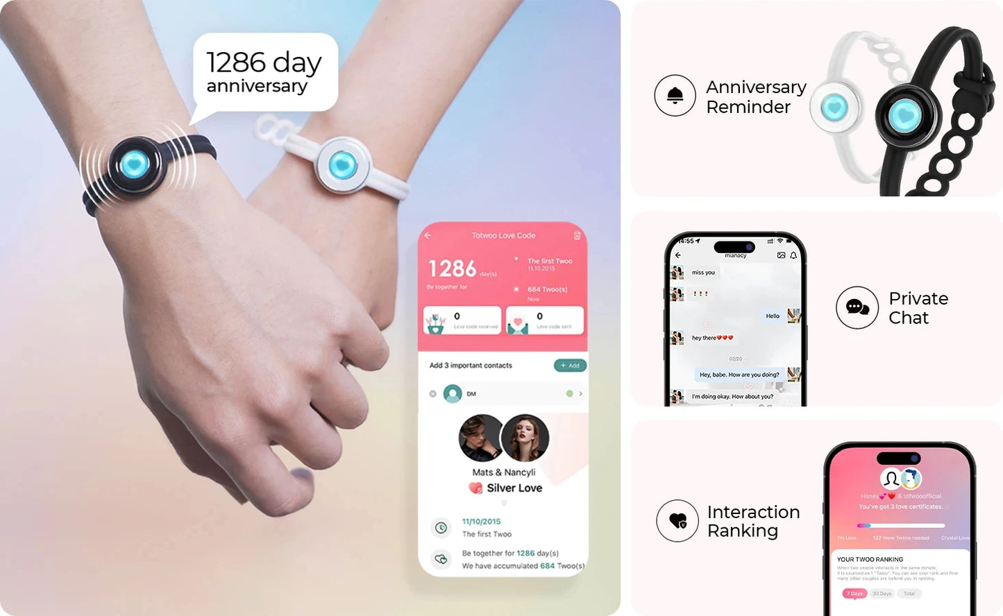 Totwoo Long Distance Touch Bracelets for Couples-Candy Series, Vibration & Light up for Love Couples Bracelets Relationship Gift