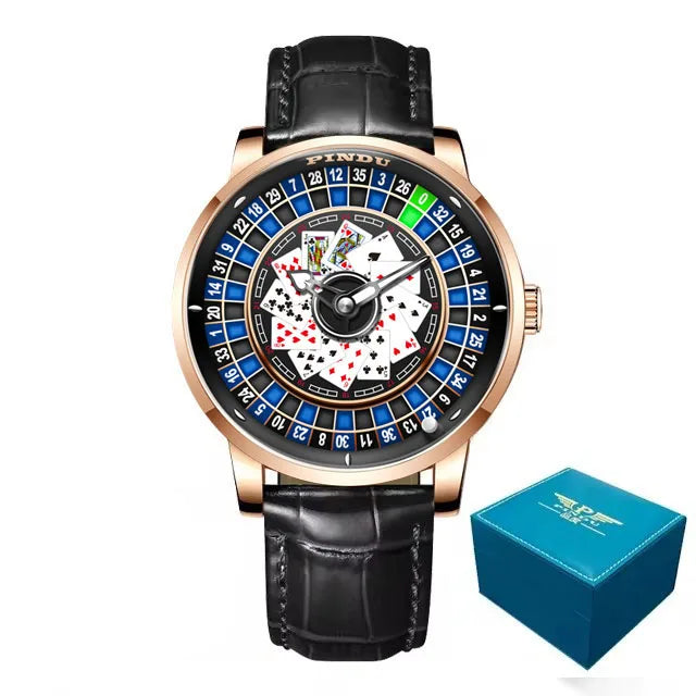 PINDU Designs New NH35A Rotary Roulette Mechanical Watch Men's Diamond Surface Waterproof Leather Men's Watch Montre Homme P6626